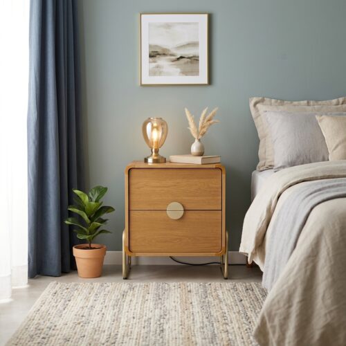 Bedside_table_photograph_in_bedroom_202608271657 Mesa de Cabeceira Atlanta Carvalho