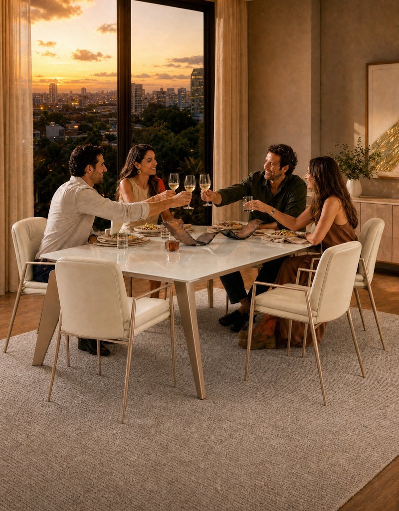 Amigos brindando no Jogo de Mesa Grazzia Seriema em uma sala de jantar ao entardecer