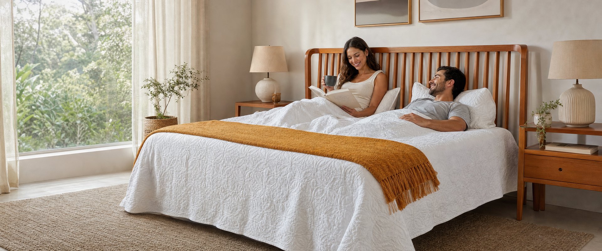 Casal na Cama King Kiev de madeira com cabeceira de ripas em um quarto claro
